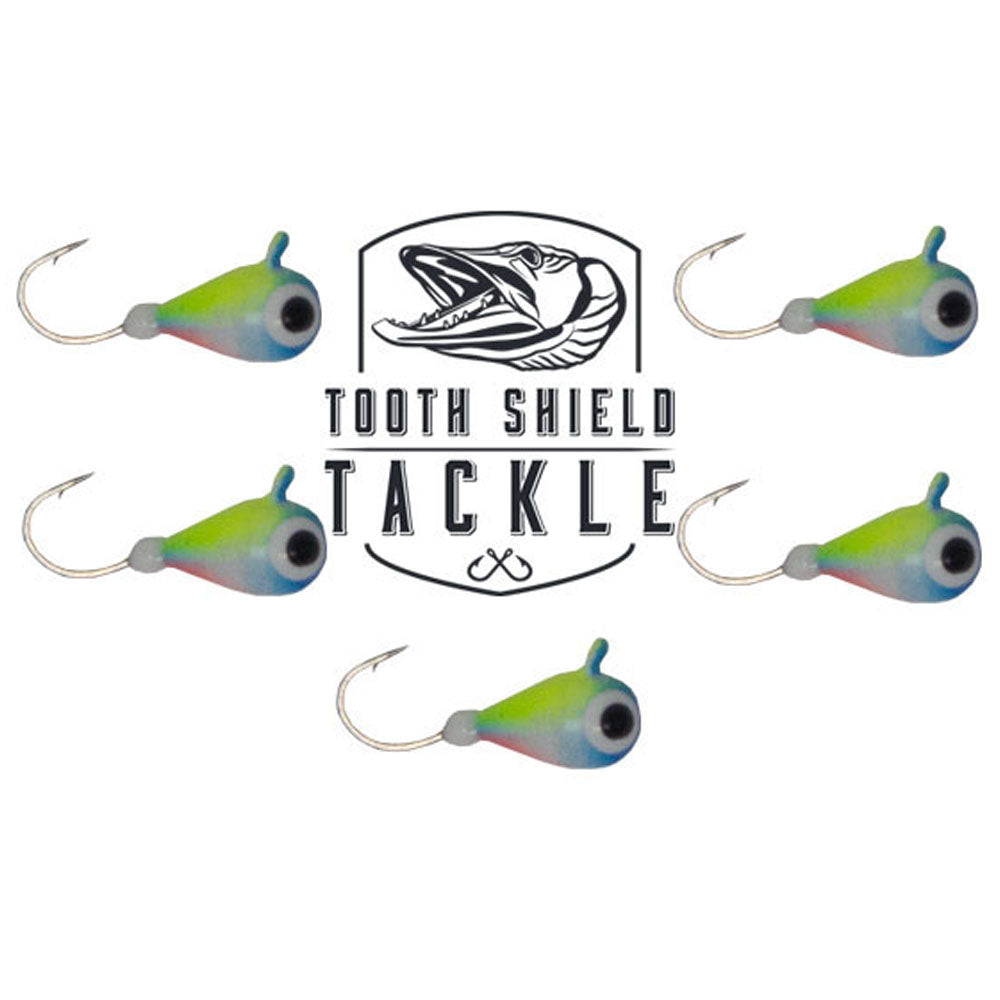 Tooth Shield Tackle UV Glow Tungsten Ice Fishing Jigs 5-Pack Crappie Perch Bluegill Panfish Jig 5mm (Cotton Candy) Premium Tungsten Ice Jigs
