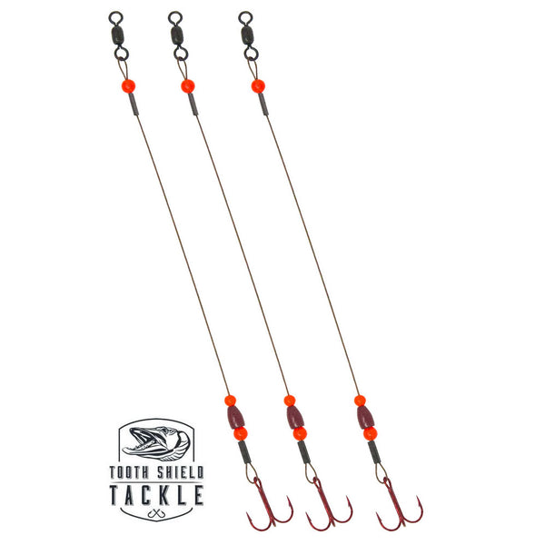 Tooth Shield Tackle Tungsten Weighted Tip-Up Rigs Stainless Steel 90 lb. Camo Wire / Red Bead / 1/16 oz Red 3-Pack