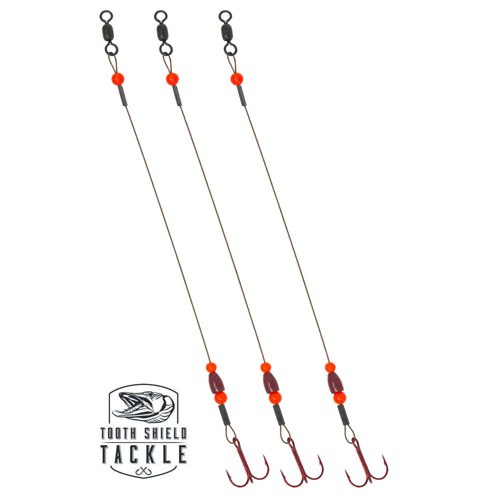 Tooth Shield Tackle Tungsten Weighted Tip-Up Rigs Stainless Steel 90 lb. Camo Wire / Red Bead / 1/8 oz Red 3-Pack #8