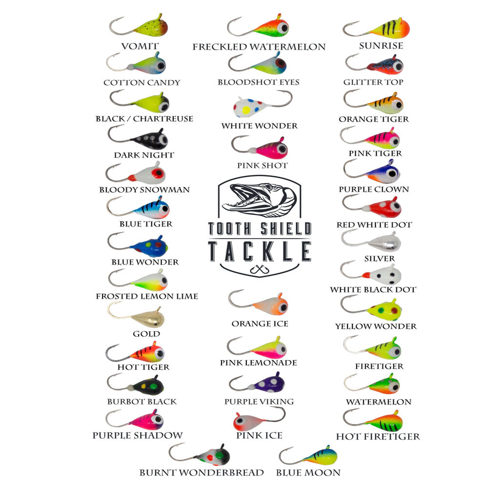 Tooth Shield Tackle UV Glow Tungsten Ice Fishing Jigs 5-Pack Crappie Perch Bluegill Panfish Jig 5mm (Vomit) Premium Ice Jigs