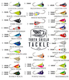 Tooth Shield Tackle UV Glow Tungsten Ice Fishing Jigs Tip Up Rigs Musky Sucker Rigs Leaders Bucktails