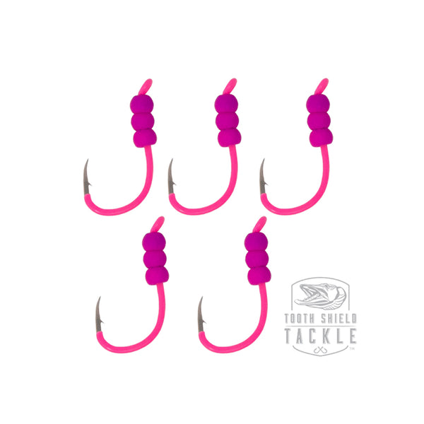 Tungsten Weighted Plummeting Tip-up / Dead stick Hooks 5 Pack #4 Hook [Fluorescent Pink / Mottled Pink Bead]