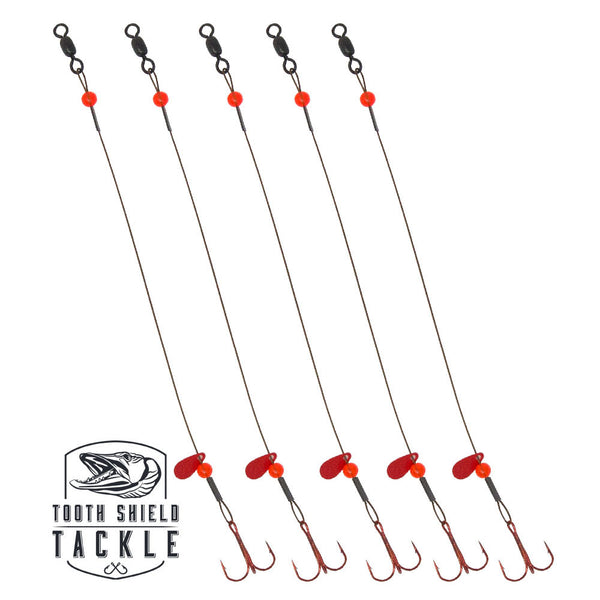 Tooth Shield Tackle Tip-Up Rigs Stainless Steel 90 lb. Camo Wire / Red Bead / Red Flipper 5-Pack