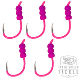 Tungsten Weighted Plummeting Tip-up / Dead stick Hooks 5 Pack #4 Hook [Fluorescent Pink / Mottled Pink Bead]