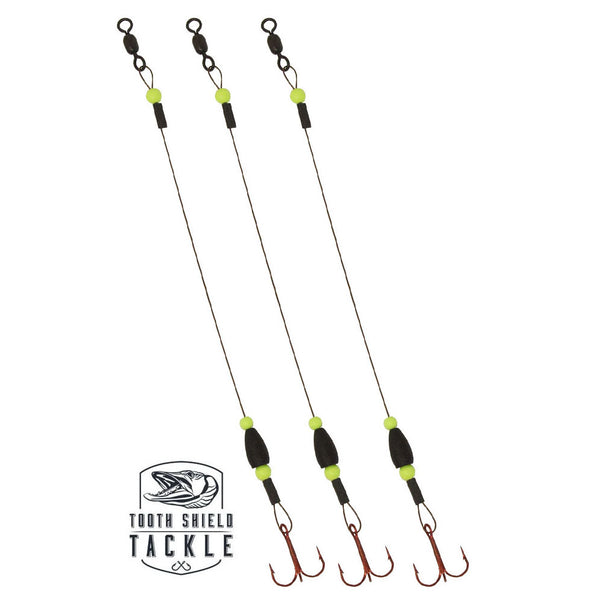 Tooth Shield Tackle Tungsten Weighted Tip-Up Rigs Stainless Steel 90 lb. Camo Wire / Chartreuse Bead / 1/8 oz Black 3-Pack