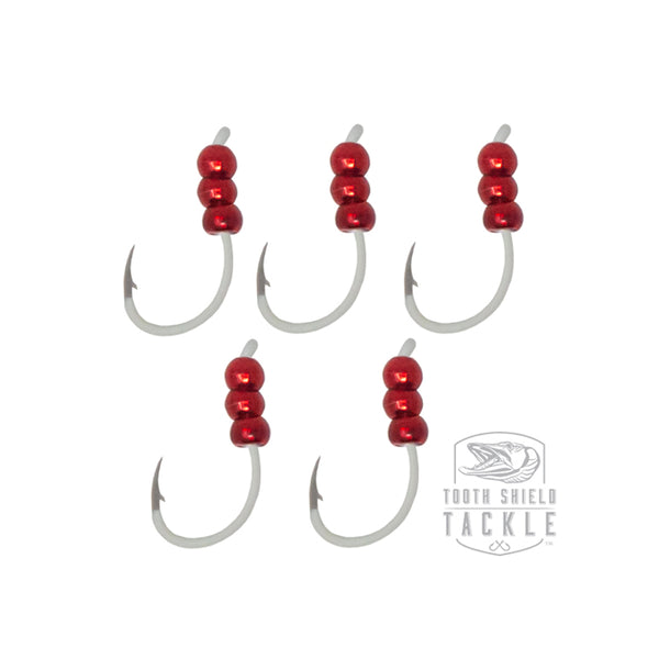 Tungsten Weighted Plummeting Tip-up / Dead stick Hooks 5 Pack #4 Hook [Glow Hook / Metallic Red Bead]