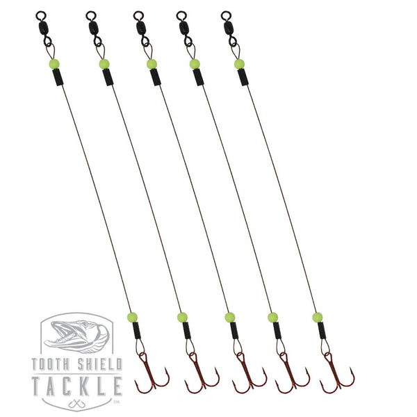Glow Tooth Shield Tackle Tip-Up Rigs Stainless Steel 90 lb. Camo Wire / Glow Chartreuse Bead 5-Pack