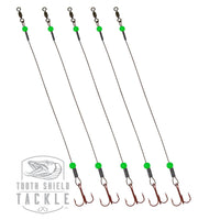 Glow Tooth Shield Tackle Tip-Up Rigs Stainless Steel 90 lb. Camo Wire / Glow Green Bead 5-Pack