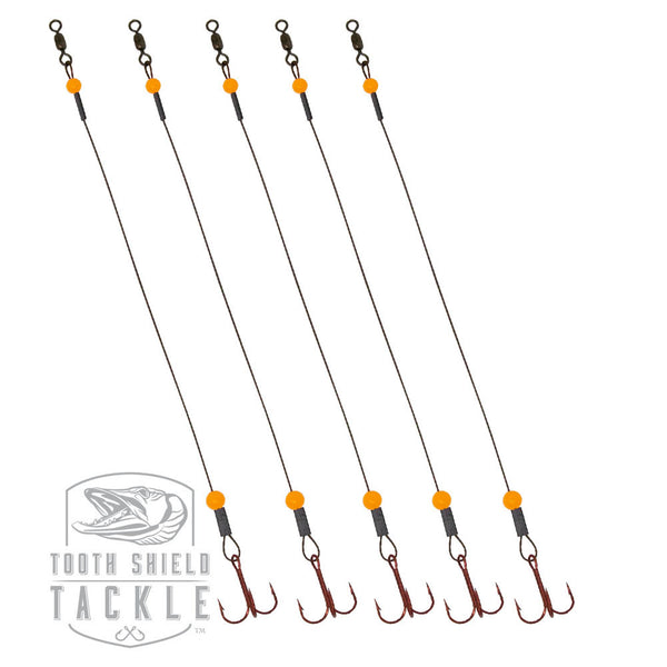 Glow Tooth Shield Tackle Tip-Up Rigs Stainless Steel 90 lb. Camo Wire / Glow Orange Bead 5-Pack