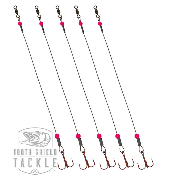 Glow Tooth Shield Tackle Tip-Up Rigs Stainless Steel 90 lb. Camo Wire / Glow Pink Bead 5-Pack
