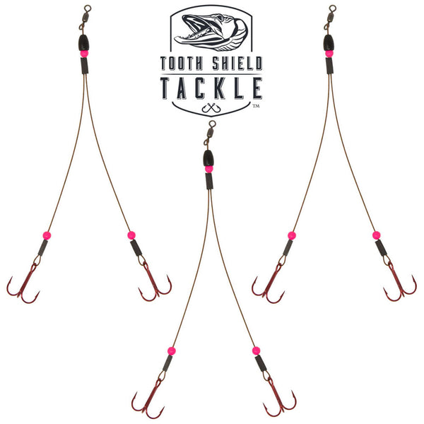 Tooth Shield Tackle 1/8 oz. Tungsten Weighted Predator Rigs 49 Strand Quick Strike Tip-Up Rig 90 LB. Pink Bead 3 Pack
