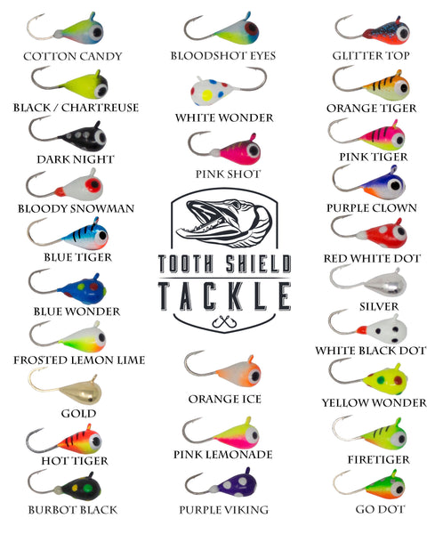 Tooth Shield Tackle UV Glow Tungsten Ice Fishing Jigs 5-Pack Crappie Perch Bluegill Panfish Jig 5mm (Glitter Top) Premium Tungsten Ice Jigs