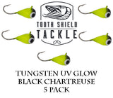 Tooth Shield Tackle UV Glow Tungsten Ice Fishing Jigs Black Chartreuse Tooth Shield Tackle UV Glow Tungsten Ice Fishing Jigs Tip Up Rigs Musky Sucker Rigs Leaders Bucktails