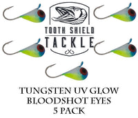 Tooth Shield Tackle UV Glow Tungsten Ice Fishing Jigs Bloodshot Eyes Tooth Shield Tackle UV Glow Tungsten Ice Fishing Jigs Tip Up Rigs Musky Sucker Rigs Leaders Bucktails