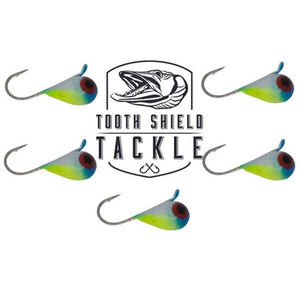 Tooth Shield Tackle UV Glow Tungsten Ice Fishing Jigs 5-Pack Crappie Perch Bluegill Panfish Jig 5mm (Bloodshot Eyes) Premium Tungsten Ice Jigs