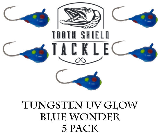 Tooth Shield Tackle UV Glow Tungsten Ice Fishing Jigs 5-Pack Crappie Perch Bluegill Panfish Jig 5mm (Blue Wonderbread) Premium Tungsten Ice Jigs