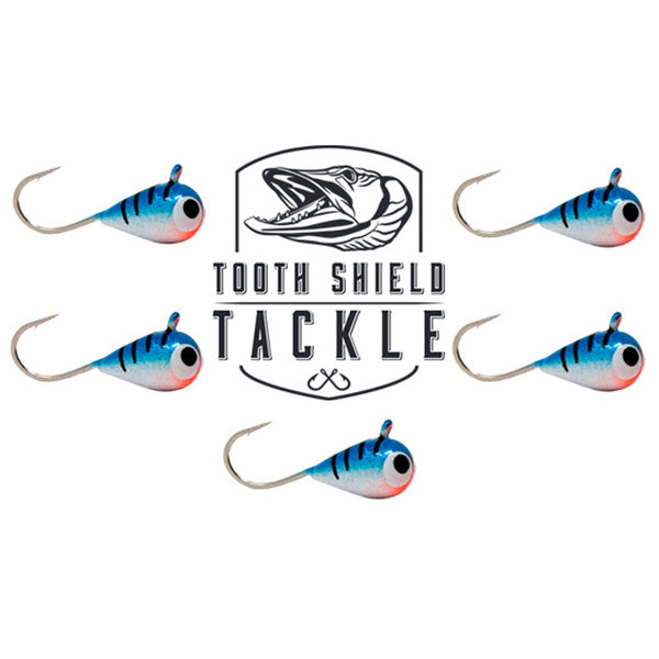 blue ice fishing lures Tungsten UV Glow Ice Fishing Jigs 4mm / 5mm 5 Pack (Blue Tiger) – Tooth Shield Tackle
