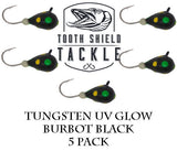 Tooth Shield Tackle UV Glow Tungsten Ice Fishing Jigs Burbot Black Tooth Shield Tackle UV Glow Tungsten Ice Fishing Jigs Tip Up Rigs Musky Sucker Rigs Leaders Bucktails