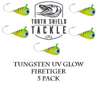 Tooth Shield Tackle UV Glow Tungsten Ice Fishing Jigs 5-Pack Crappie Perch Bluegill Panfish Jig 5mm (Cotton Candy) Premium Tungsten Ice Jigs