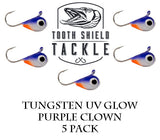 Tooth Shield Tackle UV Glow Tungsten Ice Fishing Jigs Purple Clown Tooth Shield Tackle UV Glow Tungsten Ice Fishing Jigs Tip Up Rigs Musky Sucker Rigs Leaders Bucktails