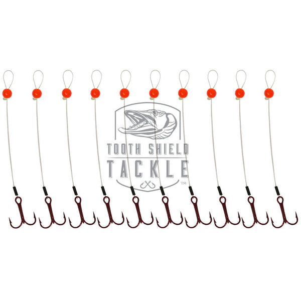 Tooth Shield Tackle Walleye Stinger Hooks 15 lb Fluorocarbon 10-Pack Red