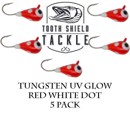 5 Pack Tungsten UV Bright Ice Fishing Jigs 5mm Tungsten Ice Jig Head Red White Dot