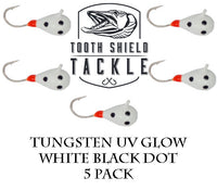 Tooth Shield Tackle UV Glow Tungsten Ice Fishing Jigs White Black Dot Tooth Shield Tackle UV Glow Tungsten Ice Fishing Jigs Tip Up Rigs Musky Sucker Rigs Leaders Bucktails