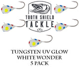 Tooth Shield Tackle UV Glow Tungsten Ice Fishing Jigs Wonderbread Tooth Shield Tackle UV Glow Tungsten Ice Fishing Jigs Tip Up Rigs Musky Sucker Rigs Leaders Bucktails